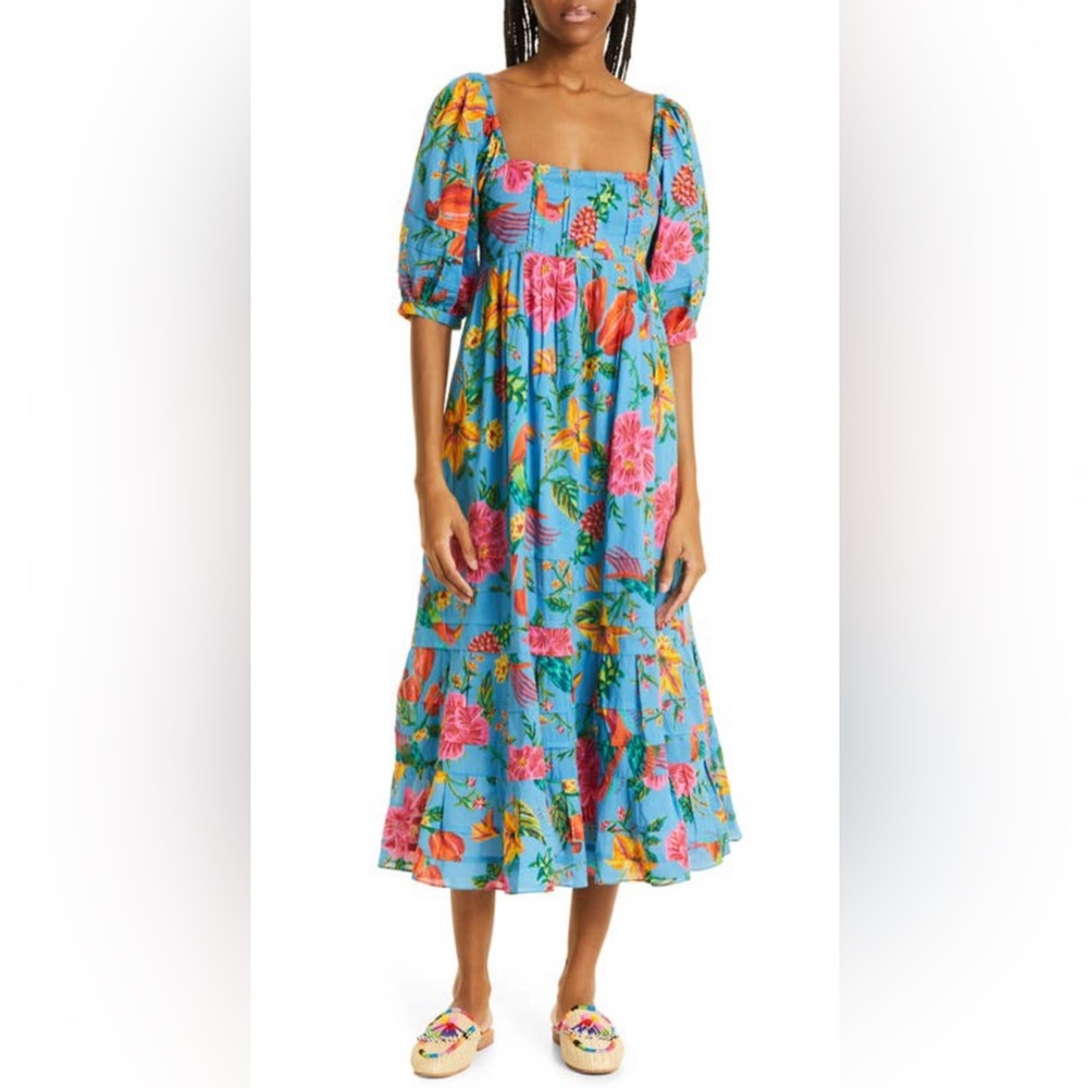 NWT FARM RIO Toucans Garden Midi Dress in Blue, 100% Cotton, Size XS